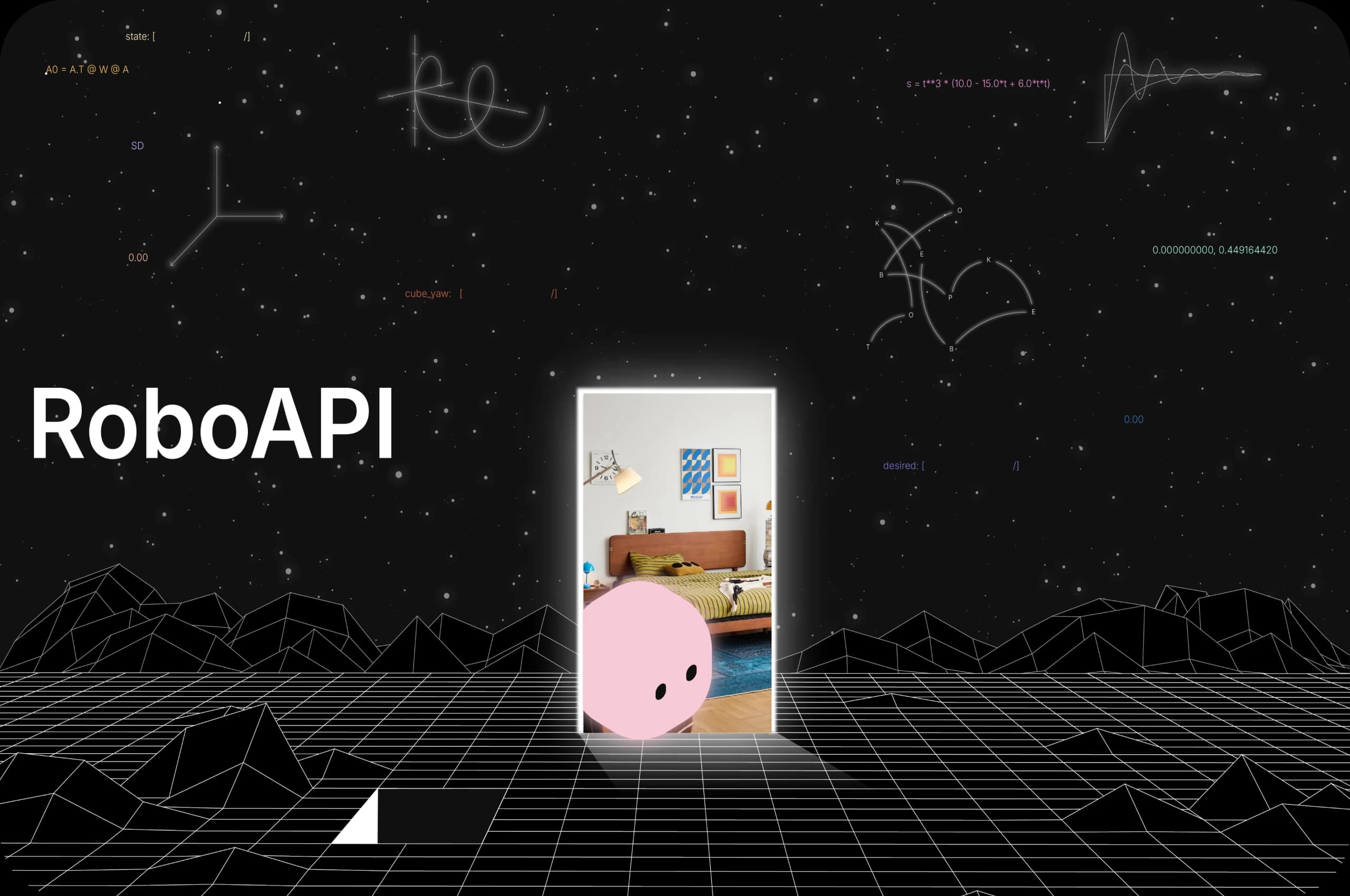 RoboAPI launch artwork: a glowing doorway in a geometric night landscape, showing a bedroom and the Poke mascot