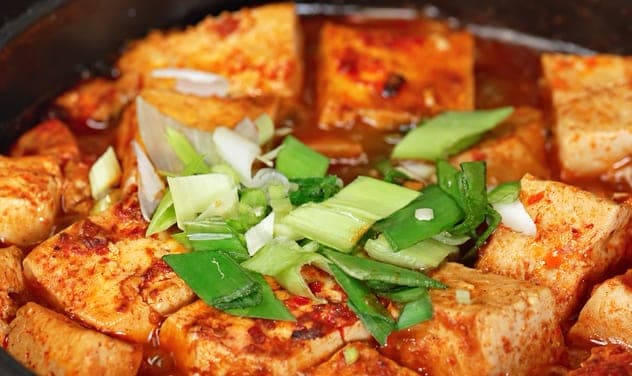 Close-up of mapo tofu fresh out of the pot